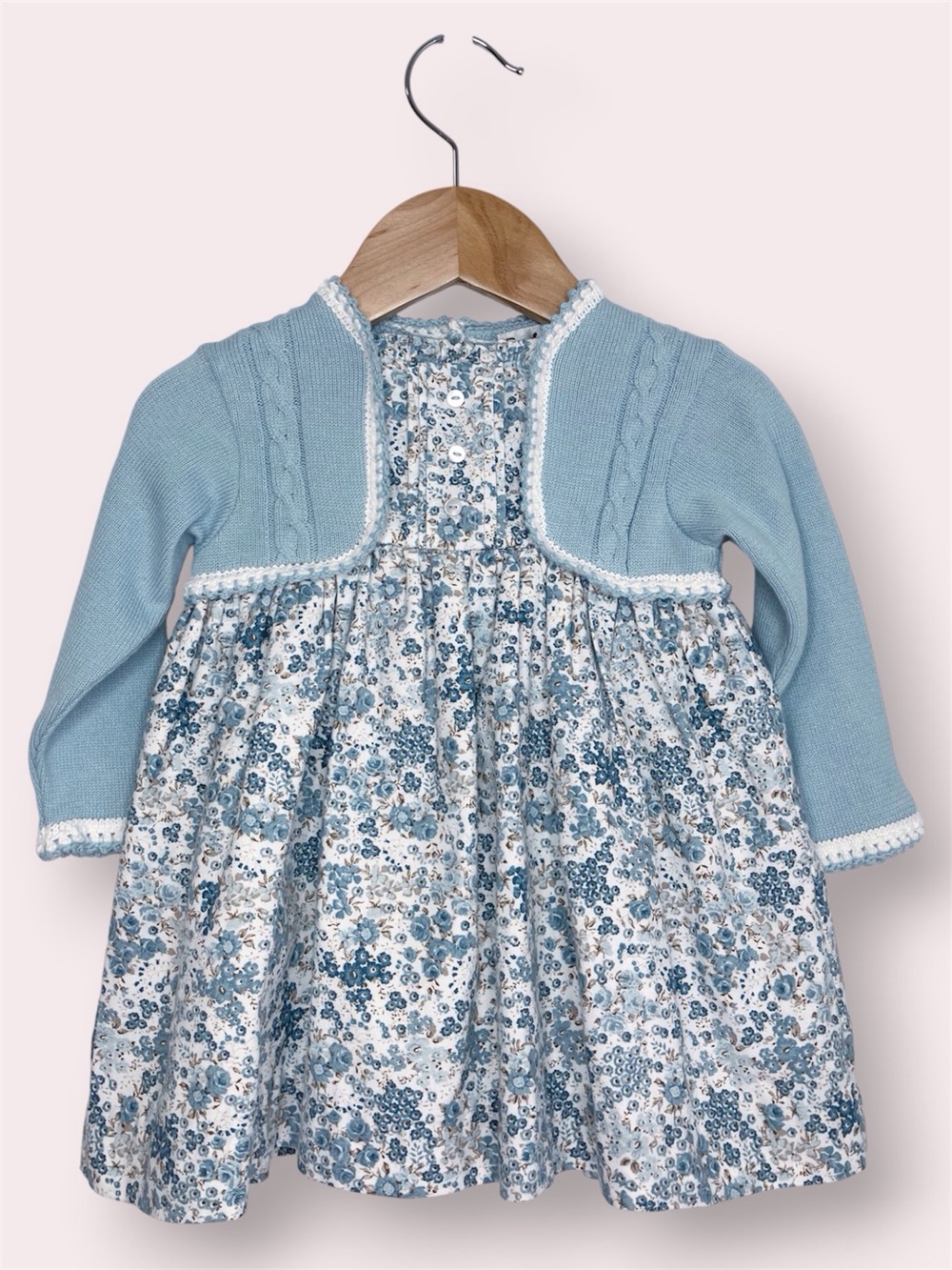 Sarah Louise blue floral dress attached knit cardigan‎ girls 12 months